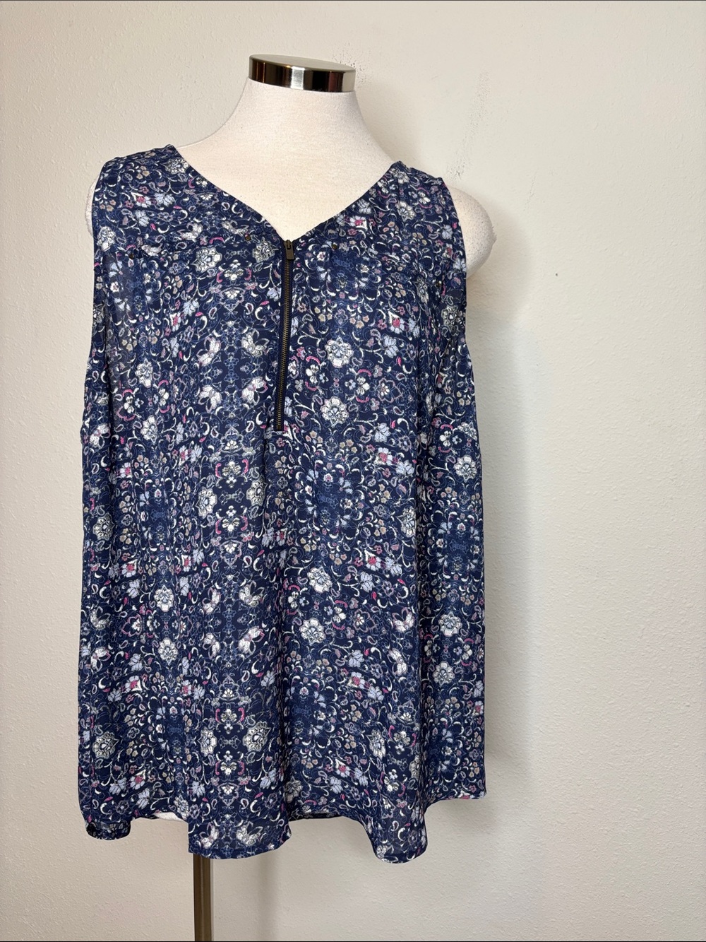 Maurices Navy Floral Zip-Front Sleeveless Tunic